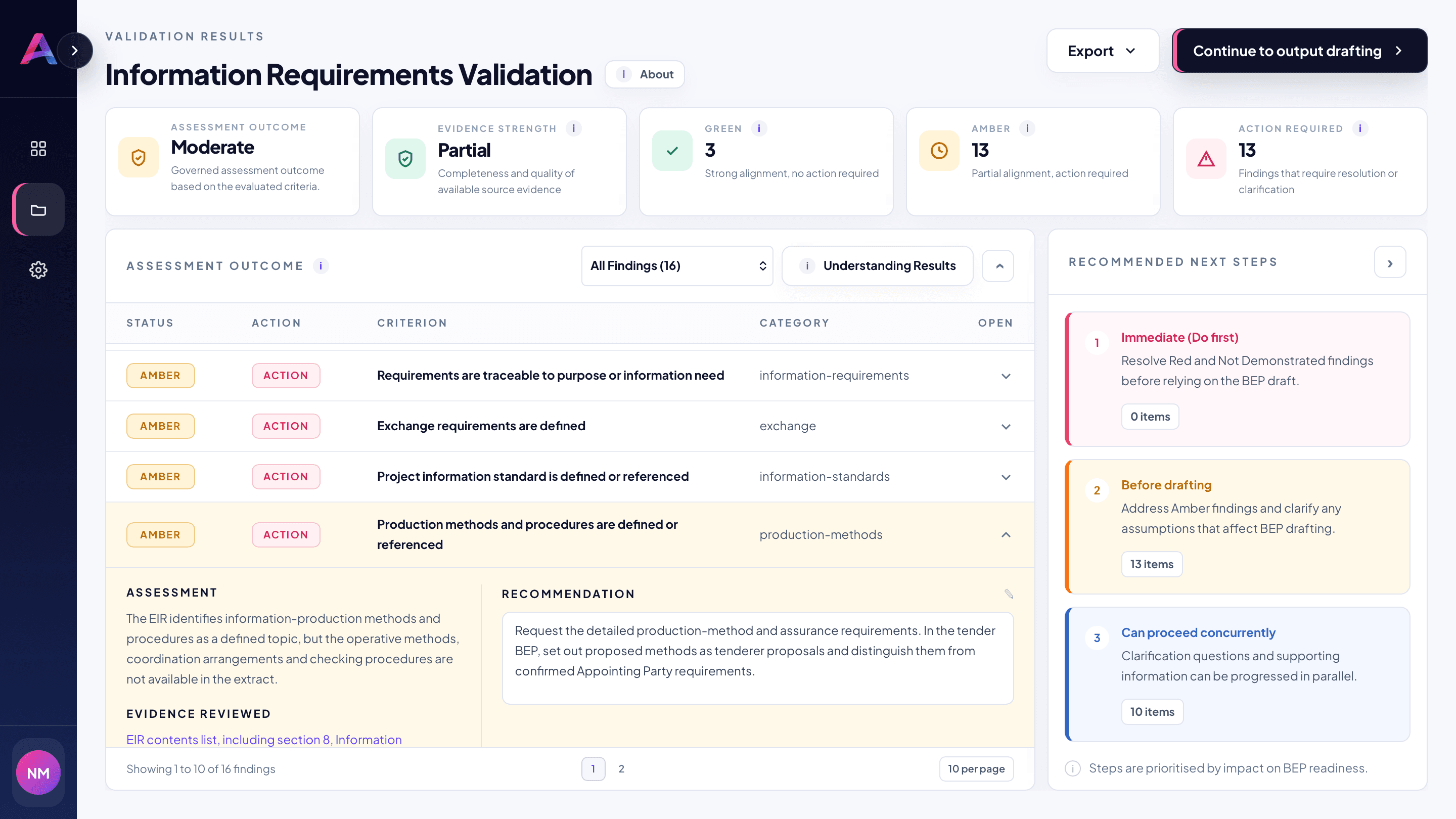 Aventa validation workspace showing findings and recommended next steps